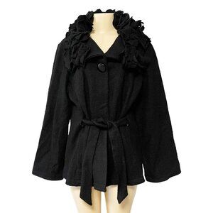 ColourWorks Womens Black Wool Large Ruffle Collar Jacket Button Tie Waist Coat